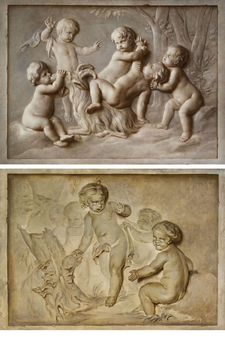 Paar Gemälde, Öl auf Leinwand, Trompe-l'oeil-Darstellungen mit Putten-Spielen, die Piat Joseph Sauvage (Tournai, 1744 – 1818) zugeschrieben werden.